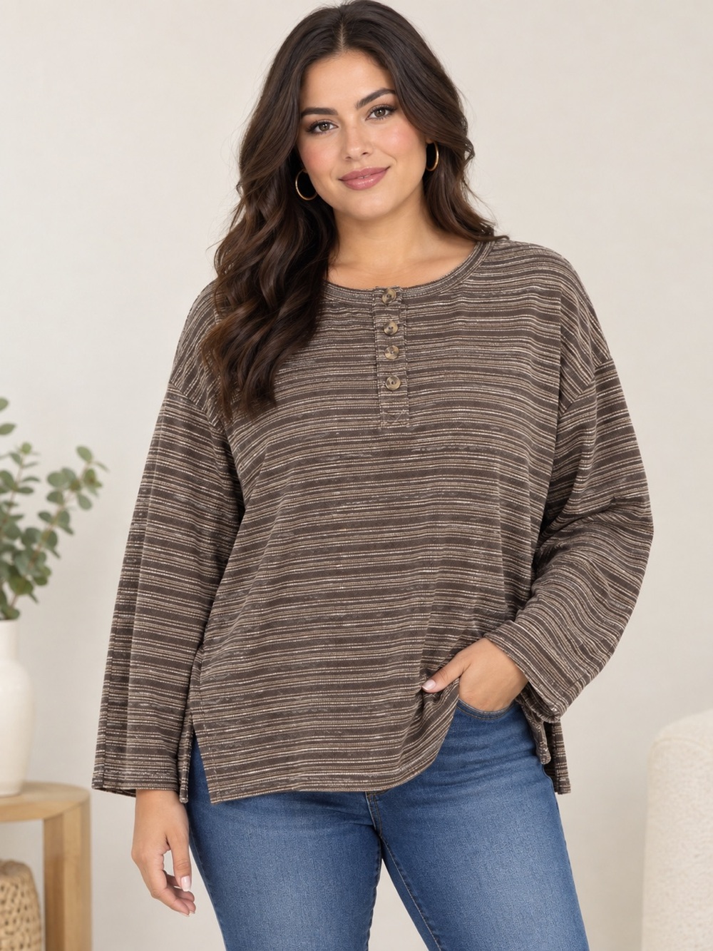 Polagram Brown & Cream Striped Knit Sweatshirt